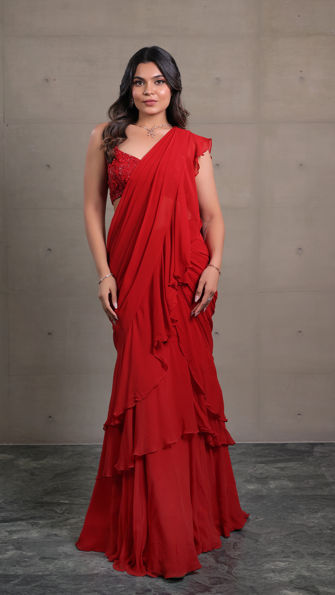 SCARLET RUFFLE SAREE